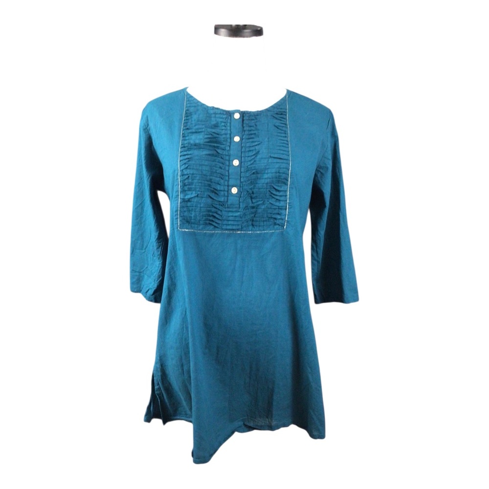 Nayo Teal Long-Sleeve Tunic Top Pintuck Bib Large Beachy Cottagecore Bohemian